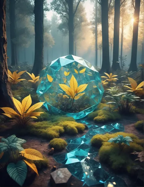 a close up of a diamond in a forest with moss and trees