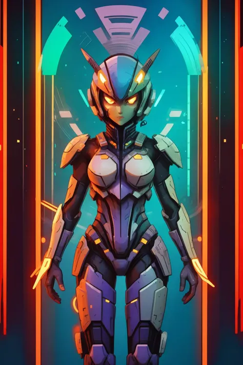 a woman in a futuristic suit stands in front of a neon background