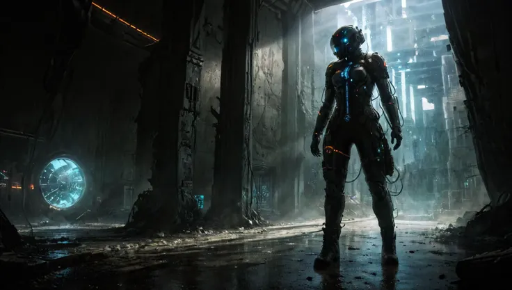 a woman in a futuristic suit standing in a dark room