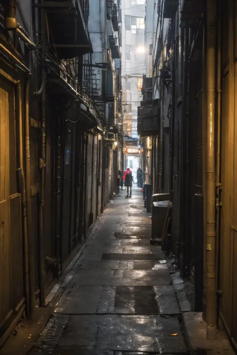 araffe alley with people walking down the sidewalk in the dark