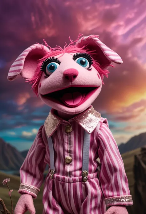 (medium full shot) of (playful puppet) wearing a pink striped jumpsuit, a sparkly headband, freckles, located in  an imaginative...