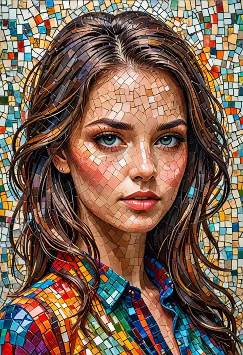 a painting of a woman with a colorful shirt and a mosaic background