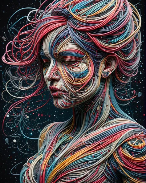 a woman with colorful hair and a face made out of wires