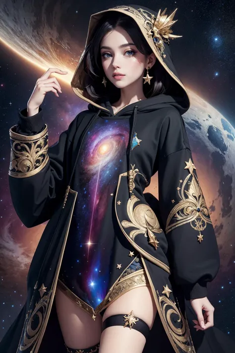 a woman in a black and gold outfit standing in front of a galaxy