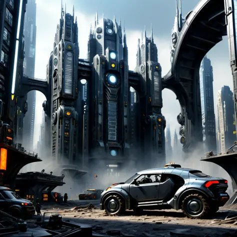 futuristic city with futuristic vehicles and futuristic buildings in the background