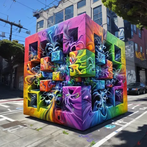 brightly colored cubes are painted on a city street in front of a building