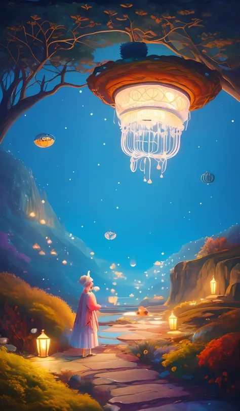 a painting of a woman standing under a chandelier in a forest