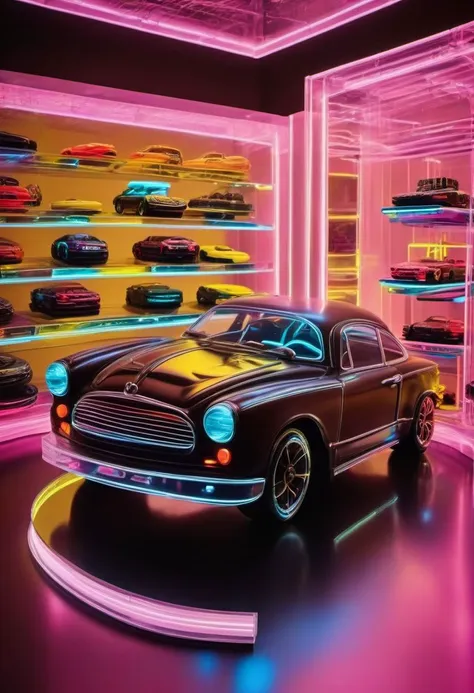 a close up of a car in a room with neon lights