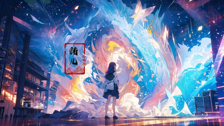 anime girl standing in front of a huge painting of a sky