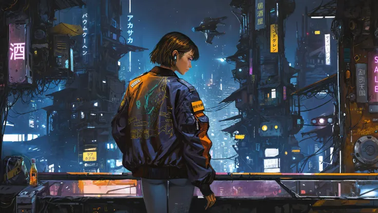 anime - style scene of a woman looking at a city at night