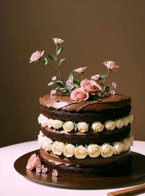 there is a chocolate cake with white and pink flowers on top