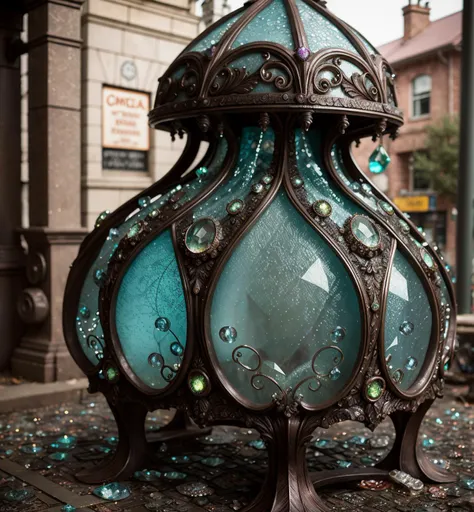 there is a blue glass lantern sitting on a sidewalk