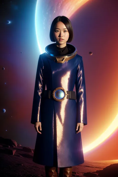 a woman in a blue coat standing in front of a planet