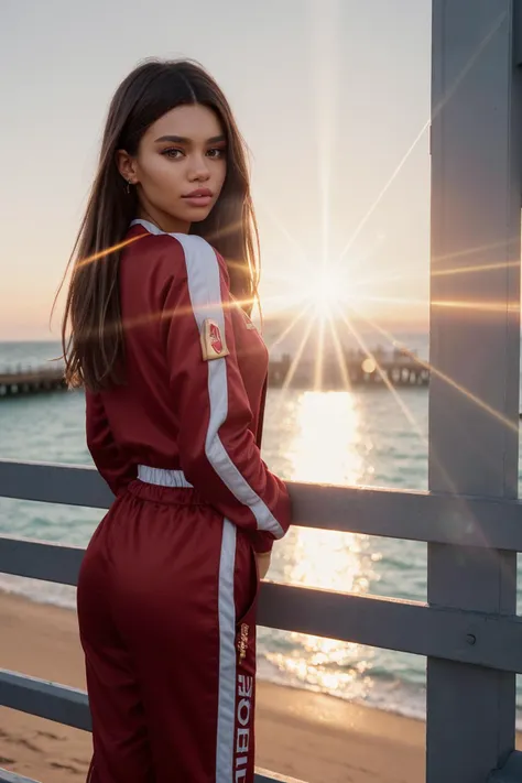 a woman standing on a pier with the sun setting behind her