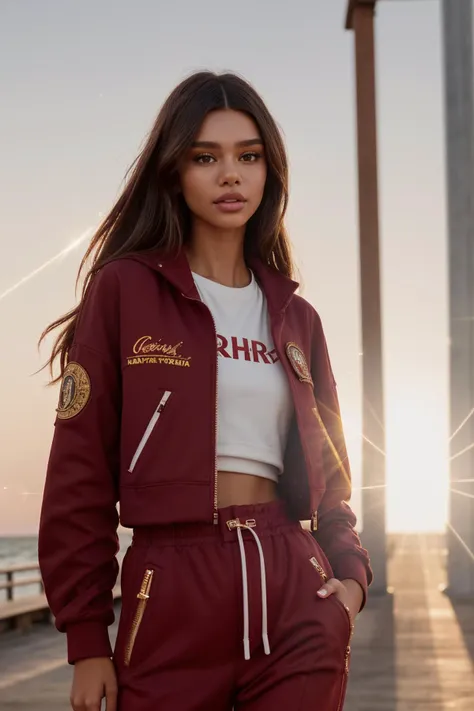 a woman in a maroon jacket and pants standing on a pier