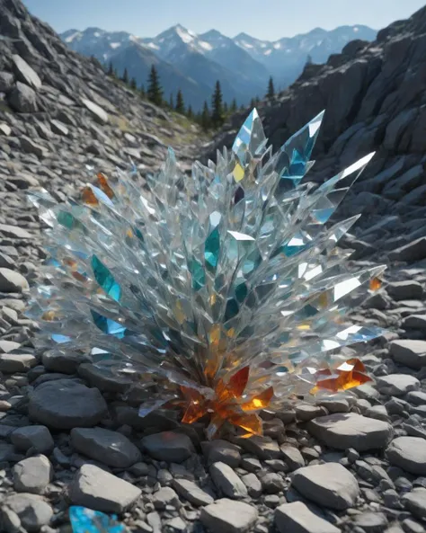 there is a glass sculpture on the ground in the mountains