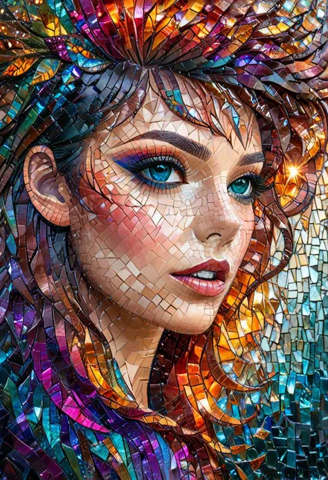 a close up of a woman's face with colorful mosaics