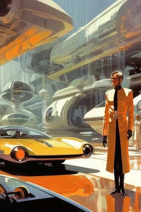 arafed image of a man in a yellow coat standing in front of a futuristic city