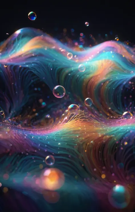 a close up of a colorful wave with bubbles floating on it