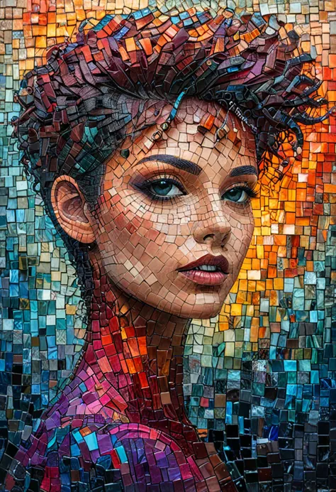 a close up of a woman's face made of colorful mosaic tiles