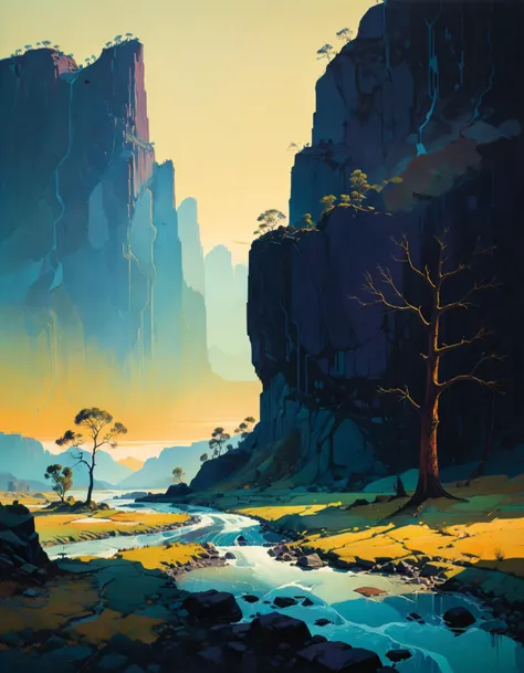 a painting of a river running through a valley next to a mountain