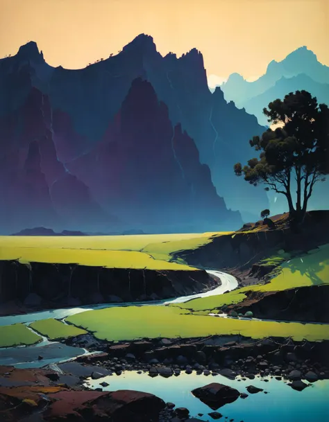 painting of a river running through a valley with mountains in the background