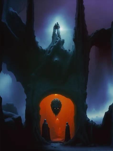 a painting of a man and a woman standing in a cave