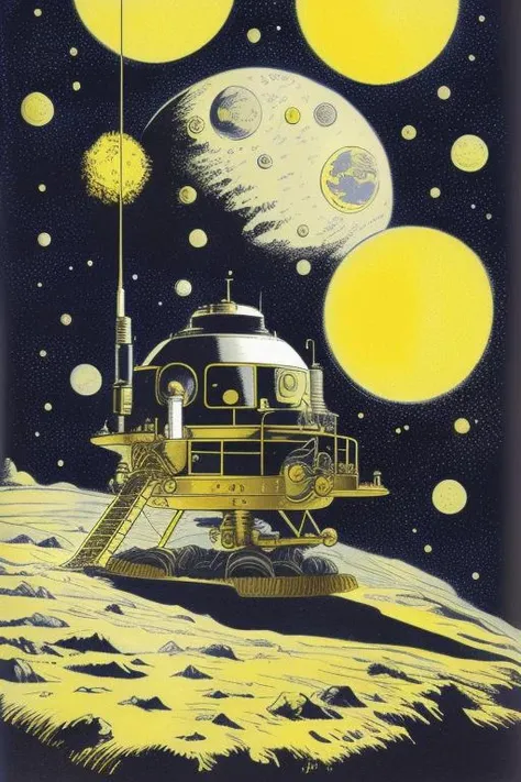 a painting of a space station on the moon with a yellow moon in the background