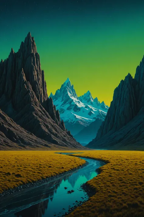 a painting of a mountain range with a stream running through it