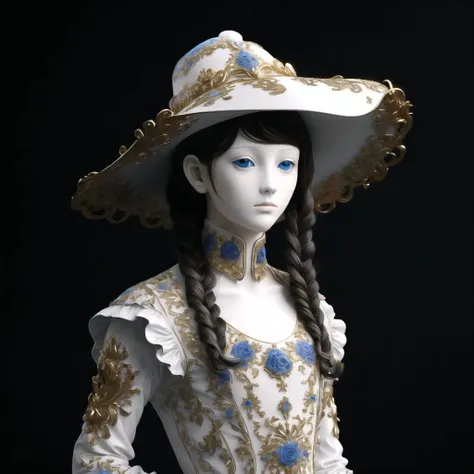 a close up of a doll wearing a white hat and blue dress