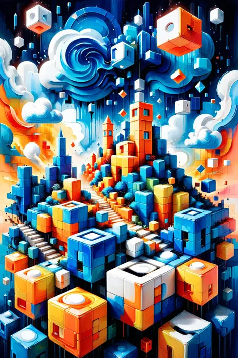 a painting of a city with many cubes and clouds