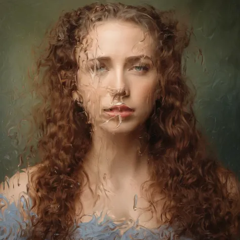 a close up of a woman with curly hair and a blue dress