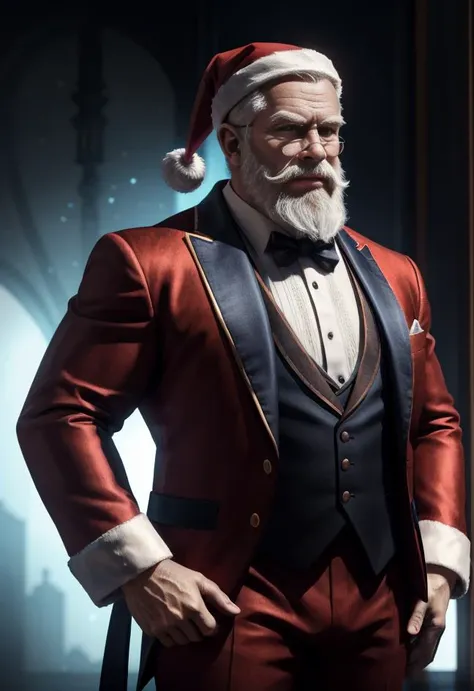 a close up of a man in a suit and santa hat