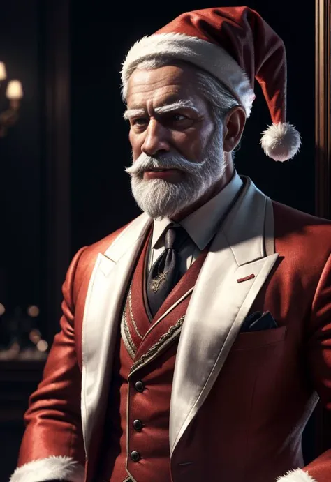 a close up of a man in a suit and santa hat