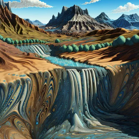 painting of a mountain stream with a waterfall in the middle