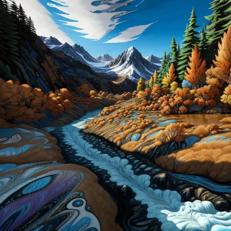 painting of a river running through a forest with mountains in the background