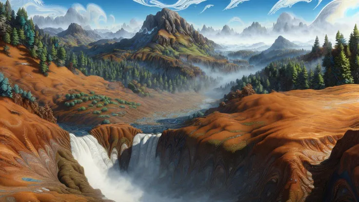 painting of a waterfall in a mountainous area with a mountain in the background