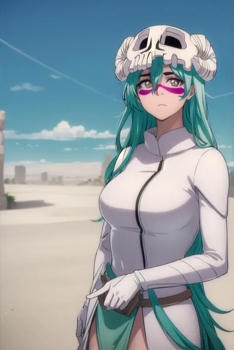 a woman with green hair and a white top is standing in the desert