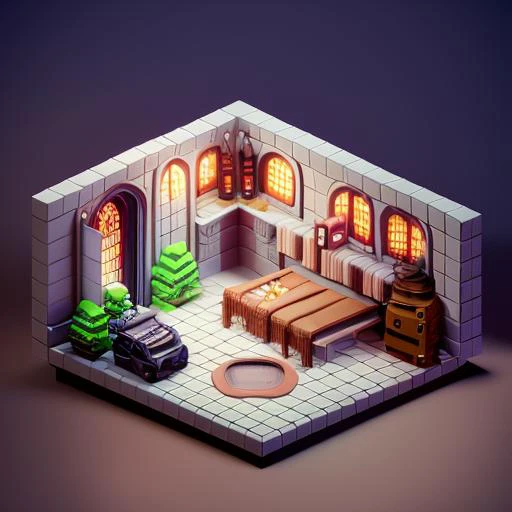 a close up of a small room with a bed and a table