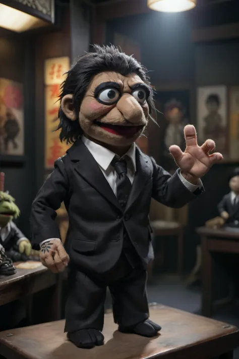 a close up of a puppet of a man in a suit and tie