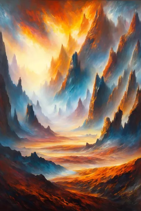 a painting of a mountain range with a sunset in the background