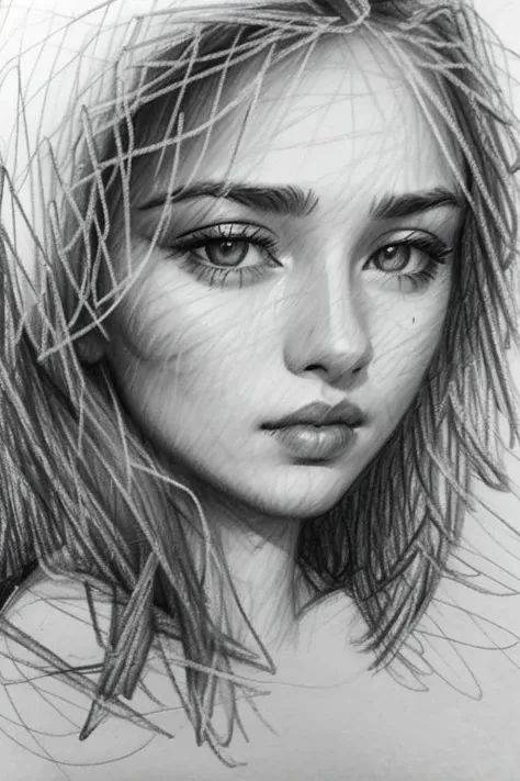 a drawing of a woman with long hair and a sad look