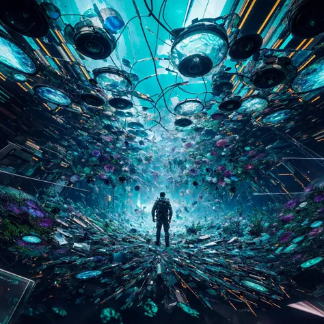 a man standing in a futuristic space with lots of lights