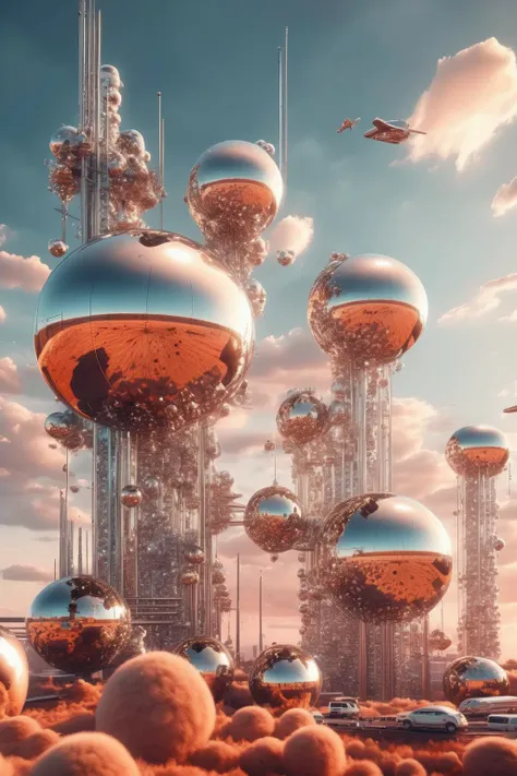 futuristic city with a lot of spheres and a plane flying over it