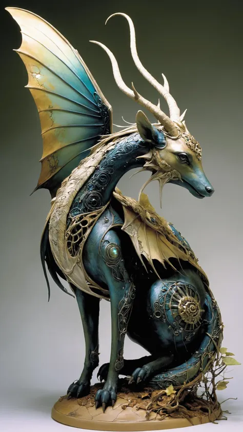 a statue of a dragon with a blue and gold body