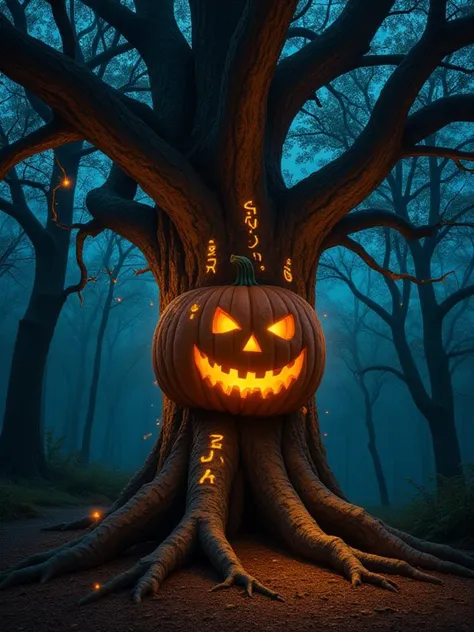 An ancient tree with twisted branches, its trunk carved into the face of a grinning pumpkin. Spirits swirl around its branches, ...