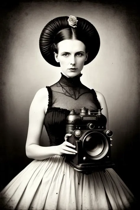 a woman in a dress holding a camera and wearing a hat