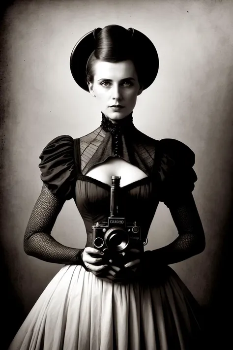 a black and white photo of a woman in a dress holding a camera