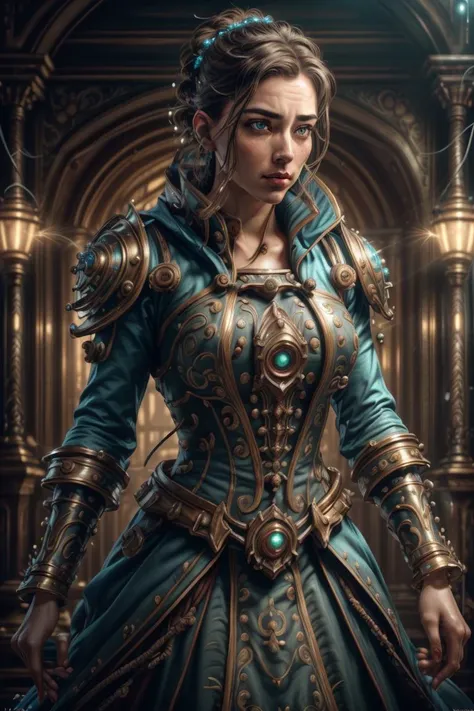 a woman in a blue dress and gold armor stands in a room