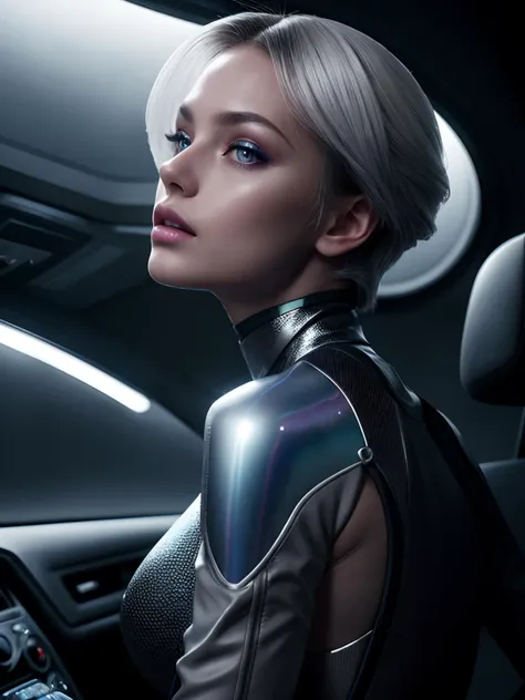 a woman in a futuristic outfit sitting in a car